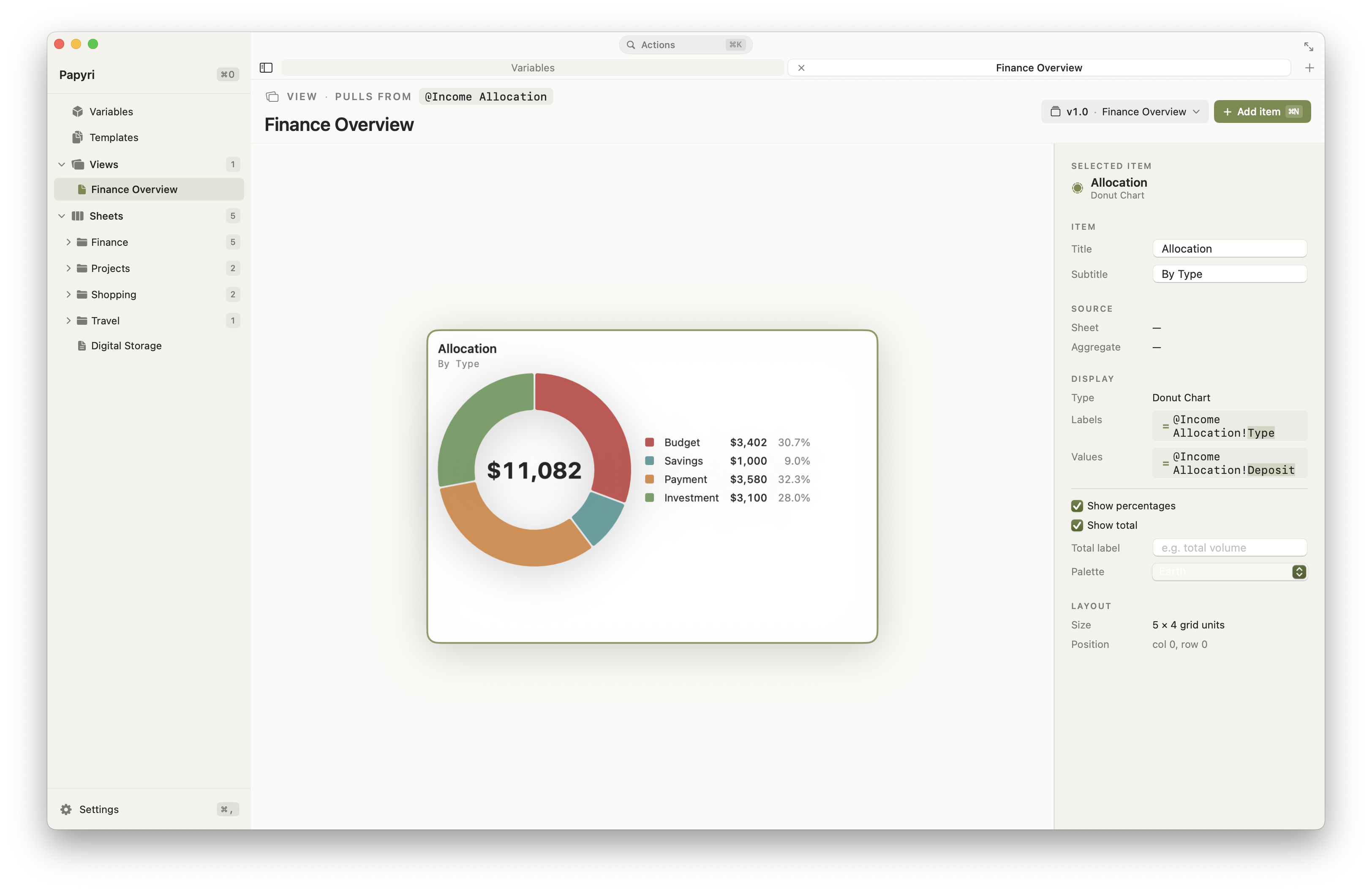 Reflines view editor with donut chart