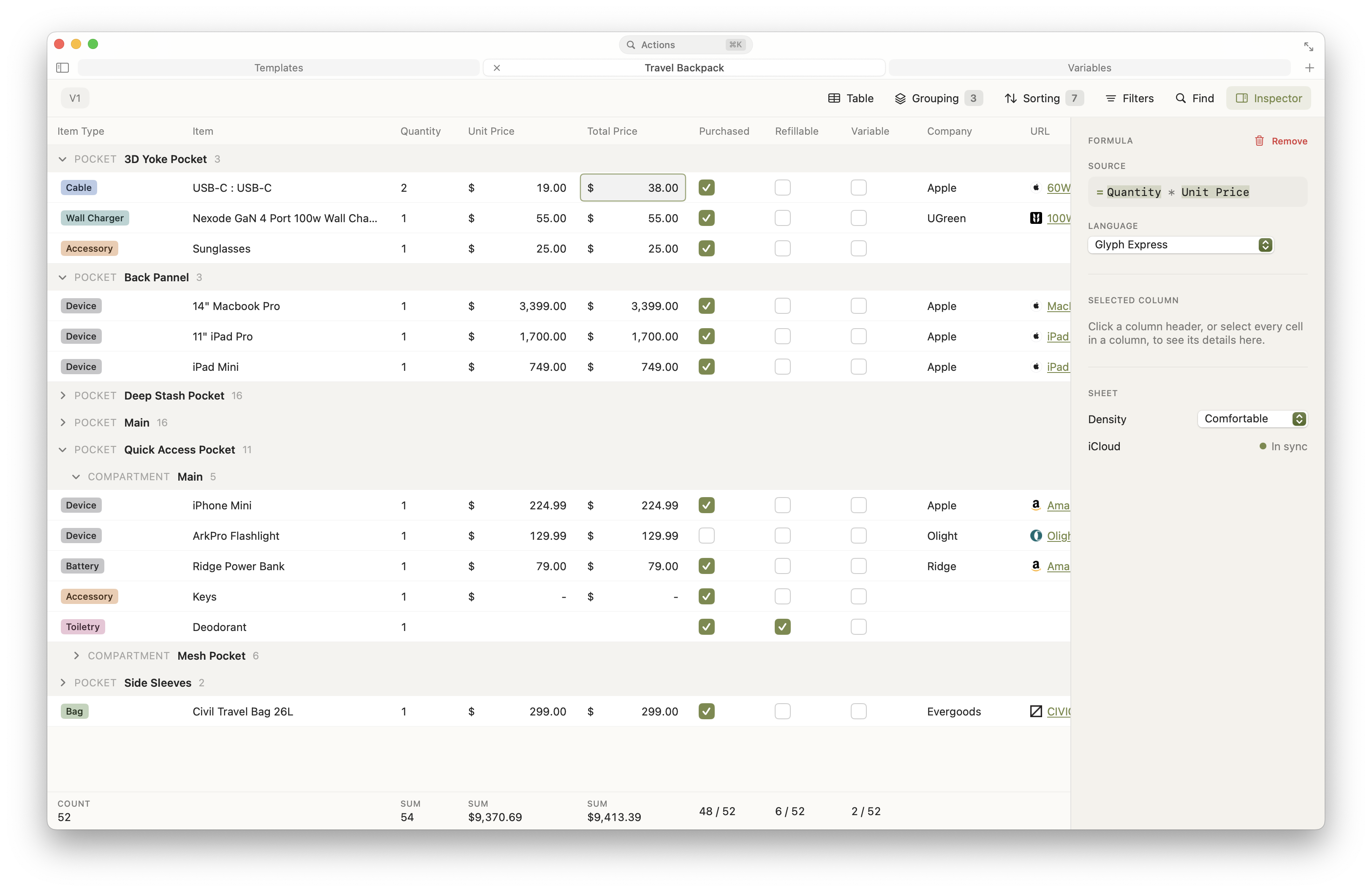 Reflines app — main spreadsheet view