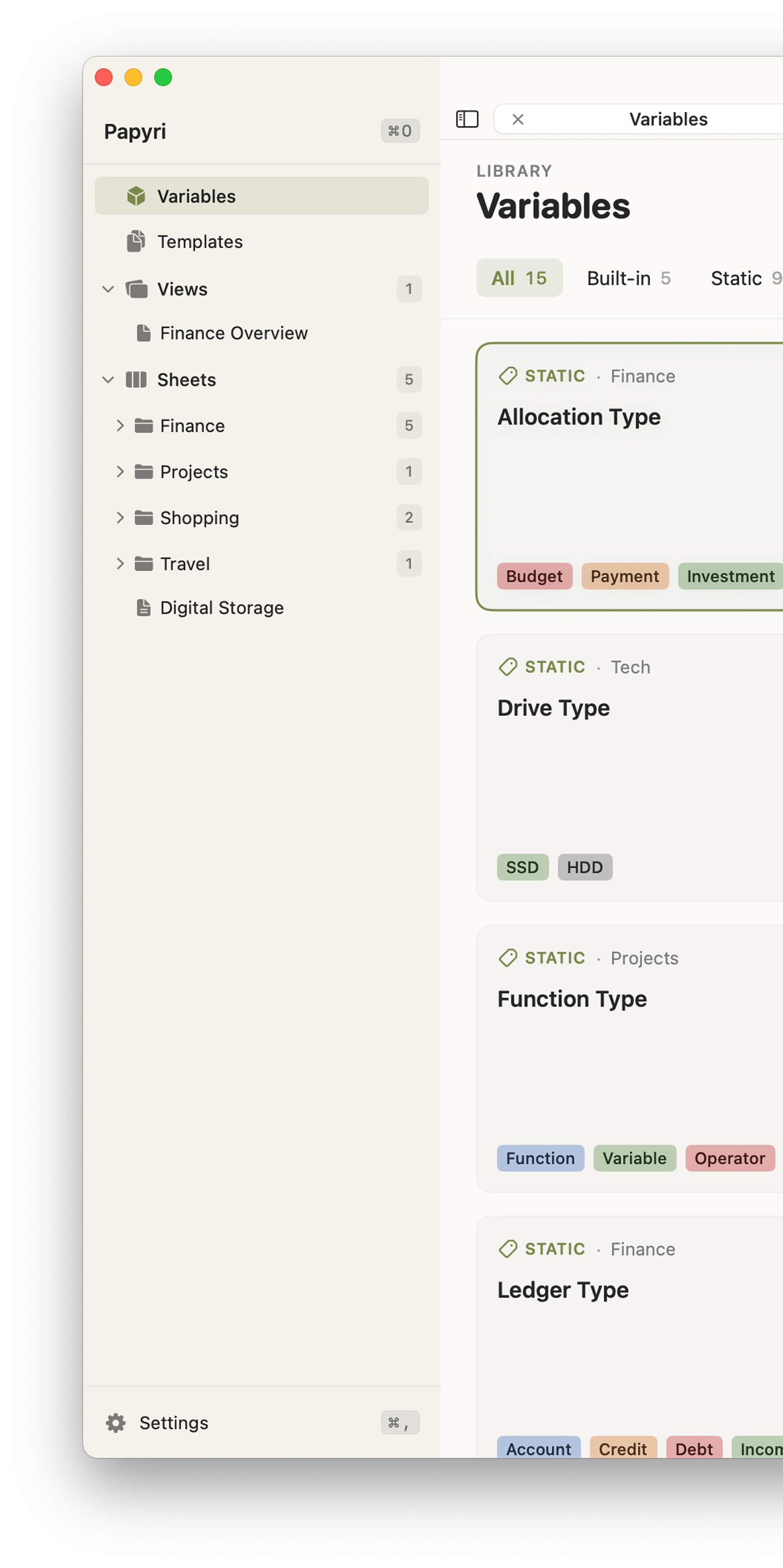 Reflines workspace sidebar with variables panel